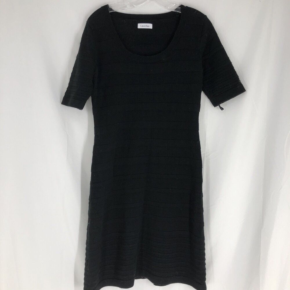 Calvin Klein Womens Black Short Sleeve Scoop Neck Wool Blend Sweater Dress M